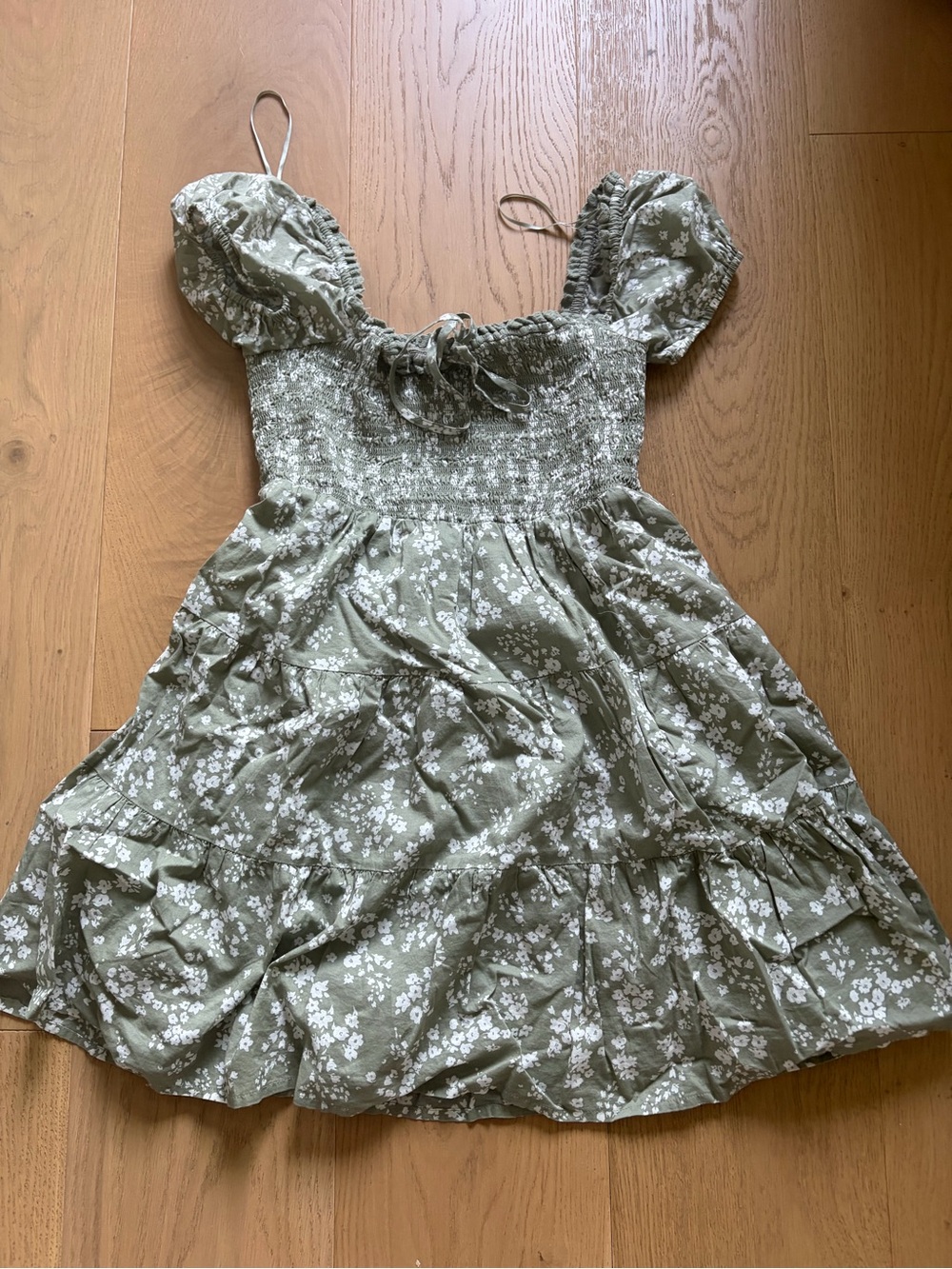 Garage Olive Green Floral Smocked Dress